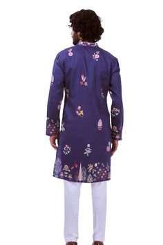 Navy straight kurta with multi colored kalamkari floral prints. Comes with contrasting solid pyjama. - Aza Fashions Kalamkari Print, Kurta Set For Men, Pajama Pattern, Straight Kurta, Kurta Set, Aza Fashion, Silk Printing, Multi Colored, Types Of Sleeves