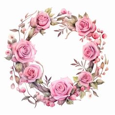 a pink rose wreath with leaves and flowers