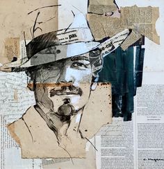 an altered photograph of a man wearing a hat with newspaper clippings on it