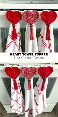 three red heart shaped towels hanging from the side of an oven with text overlay that reads, heat towel holder free crochet pattern