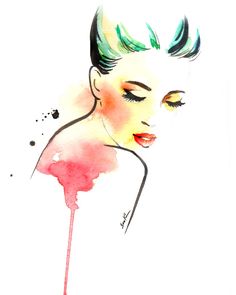 a watercolor painting of a woman's face with green hair and pink lipstick