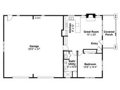 the first floor plan for a home with an attached garage and living room, as well as