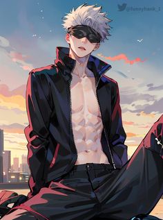 an anime character sitting on the ground with his shirt open and eyes closed, wearing black pants