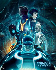 the poster for tron is shown in front of two women and one man with futuristic equipment