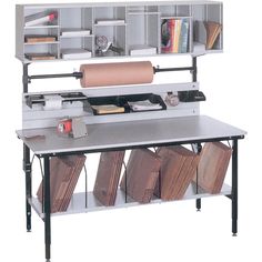 a metal workbench with lots of different items on the shelves and underneath it