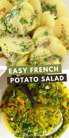 french potato salad in a white bowl with a spoon on the side and an image of potatoes