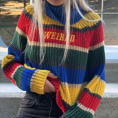 Sleeve：68cm Bust：120cm Length：50cm real photo Festival Mode, Y2k Aesthetic Fashion, Crochet Sweater Pattern Free, Rainbow Outfit, Stripe Outfits, Striped Turtleneck, Sweater Crochet Pattern, Indie Outfits, Knitted Jumper