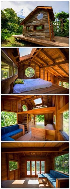 four pictures of different types of cabins in the woods