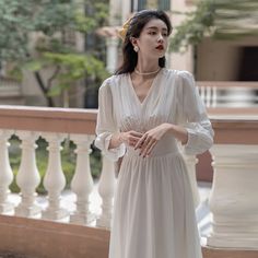 Welcome To Kukombo Official Store! Elegant White V-neck Nightgown, Casual White V-neck Nightgown, White V-neck Casual Nightgown, White V-neck Nightgown For Spring, White V-neck Spring Nightgown, Spring White V-neck Nightgown, White V-neck Nightgown For Daywear, Spring Party Nightgown With Long Sleeves, Old Wedding Dresses