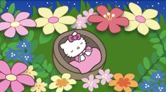 hello kitty in her car surrounded by flowers and daisies on a green background with blue border