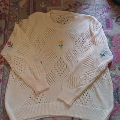 Ladies Plus Size Knit Embroidered Sweater, Beautiful Cream Colored Sweater With Embroidered Flowers. From Shein Size 2x Brand New Without Tags. White Long Sleeve Sweater With Floral Embroidery, White Floral Embroidered Long-sleeved Sweater, Embroidered Crew Neck Knit Sweater, Casual Embroidered Knit Sweater, White Winter Sweater With Floral Embroidery, White Floral Embroidery Sweater For Winter, White Floral Embroidery Winter Sweater, Knit Long Sleeve Tops With Floral Embroidery, Long Sleeve Knit Tops With Floral Embroidery