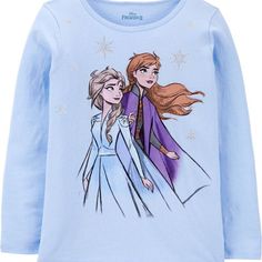 Elsa And Anna Will Love Accompanying Her On All Of Her Snowy Adventure In This Long-Sleeve Tee. Features: * Long Sleeves * Screen-Printed Elsa And Anna * Fits Like A Carter's Jersey Tee Fabric & Care: * 100% Cotton Jersey * Imported * Machine Washable Disney Graphic Print Top For Winter, Disney Long Sleeve Top With Cartoon Print, Disney Graphic Print Tops For Winter, Disney Long Sleeve Top With Graphic Print, Cute Blue Winter Top, Winter Character Print Long Sleeve Tops, Winter Long Sleeve Tops With Character Print, Winter Cotton Tops With Character Print, Playful Blue Tops For Winter