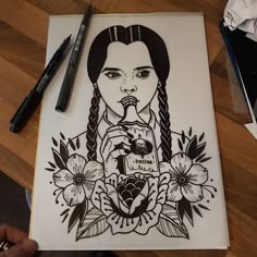 a drawing of a woman with braids and flowers