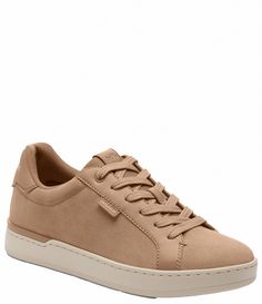 From COACH&#x2C; the Lowline Suede Lace-Up Sneakers feature:Suede upper with leather trimLace-up closureFabric liningRubber outsoleRuns large; order half size downImported Taupe Sneakers Outfit, Taupe Sneakers, Taupe Leather, Suede Lace, Sneakers Outfit, Dillard's, Global Fashion, Casual Sneakers, Womens Shoes Sneakers