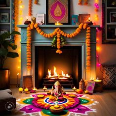 a living room decorated in bright colors with candles and decorations on the fireplace mantel