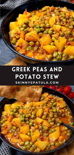 two pans filled with peas and potato stew next to bread on a cutting board