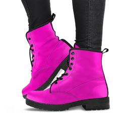 * Women's Hot Pink Leather Boots Mother's Day Gifts for Cute Shoes Platform Boots * All of our Men's and Women's Faux Leather Boots are custom-made-to-order and handcrafted to the highest quality standards. Our unique designs are second to none. * When is the last time you walked into a shoe store and found affordable boots in so many different, phenomenal designs. When you're wearing these boots the complements won't stop. Our boots complement your personality... find the design that suits your Boho Chic Boots, Vegan Shoes Women, Boots Boho, Floral Combat Boots, Combat Boots Style, Purple Boots, Vegan Leather Boots, Boho Boots, Custom Boots