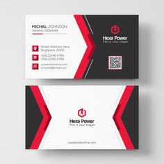 a business card with a red and black design on the front, side and back