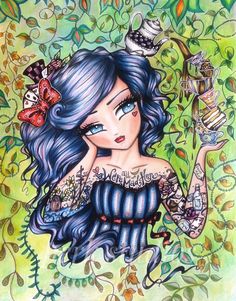 a drawing of a woman with blue hair and tattoos on her arm holding a teapot