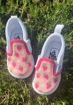 Strawberry fields custom hand painted baby toddler vans shoes Custom Toddler Shoes, Playful Slip-on Sneakers With Soft Sole, Cute Slip-on Sneakers With Soft Sole, Cute Custom Pink Sneakers With Round Toe, Cute Low-top Sneakers With Soft Sole, Cute Pink Custom Sneakers With Round Toe, Painted Baby Shoes, Strawberry Shoes, Custom Baby Shoes