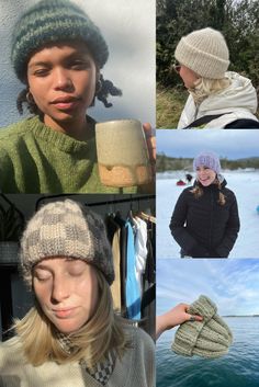 four pictures of people wearing hats and scarves, one with a knitted hat