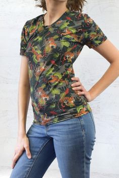 This casual tee features a graphic print of tigers running through abstract jungle foliage. This fabric is totally unique---it was designed right here in-house, so you won't find it anywhere else! Abstract Jungle, Tiger Jungle, Jungle Foliage, Jungle Print, Casual Tee, Stylish Dresses, Find It, Tigers, Graphic Prints