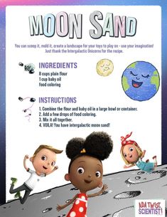 the moon sand poster is shown with two children and an earth in the background,