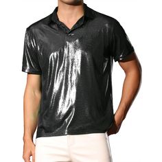 The Lars Amadeus Metallic Polo Shirt is designed to make a bold fashion statement with its shiny metallic fabric and slim fit. Perfect for summer night outs, clubs, themed parties, or stage performances, this polo shirt features a turndown collar and short sleeves. Pair it with dark jeans, faux leather trousers, or leather jackets for a unique and trendy style. Made from lightweight fabric, it ensures comfort while keeping you stylish. Hand wash recommended. Metallic Club Tops For Summer, Metallic Tops For Club In Summer, Metallic Tops For Club Summer Wear, Metallic Tops For Summer Clubbing, Fitted Metallic Summer Tops, Fitted Metallic Tops For Summer, Silver Tops For Club And Party Season, Slim Fit Shirt For Summer Party, Metallic Shiny Disco Top