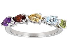 0.20ct Pear Shape Glacier Topaz™, 0.17ct Pear Shape African Amethyst, 0.17ct Pear Shape Brazilian Citrine, 0.21ct Pear Shape Vermehlo Garnet™, 0.17ct Pear Shape Manchurian Peridot™, Rhodium Over Sterling Silver Band Ring. Measures Approximately 0.93"L x 0.13"W. Not sizeable. Cubic Zirconia Multi-stone Gemstones For Anniversary, Anniversary Multi-stone White Gold Gemstones, Anniversary White Gold Multi-stone Gemstones, Sterling Silver Rings Bands, Silver Band Ring, Sterling Silver Bands, Pear Shape, Silver Band, Pear Shaped