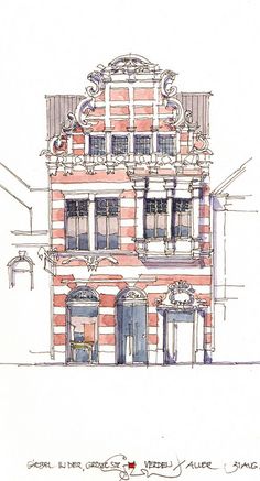 a drawing of an old building with lots of windows