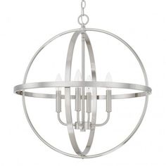 an orb chandelier with four lights hanging from the center and two circular rings at the bottom