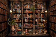 an old library filled with lots of books next to a lamp and potted plant