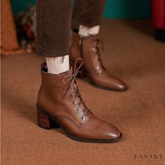 Lasaky - Vintage Chunky Heel Martin Boots in Top Grain Leather with Fashionable Lace-up Design Brown Lace-up Heeled Boots For Fall, Winter Workwear Lace-up Boots With Pointed Toe, Lace-up Boots For Workwear In Fall, Brown Ankle-high Martin Boots, Brown Lace-up Ankle Boots For Spring, Brown Lace-up Boots For Winter, Brown Heeled Boots For Workwear In Fall, Brown Pointed Toe Lace-up Boots For Winter, Brown Martin Boots With Reinforced Heel For Winter