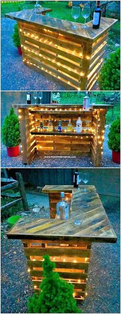 an outdoor bar made out of pallet wood with lights on the top and bottom