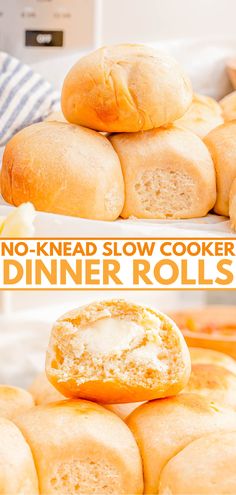 several rolls stacked on top of each other with the words no - knead slow cooker dinner rolls