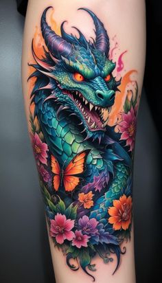 a dragon with flowers and butterflies on it's thigh