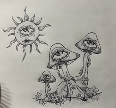 a drawing of two mushrooms with the sun in the background and an eye on top