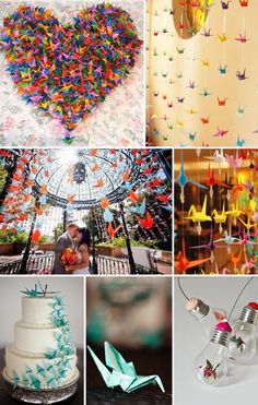 there are many different types of decorations in this collage, including paper cranes and origami birds