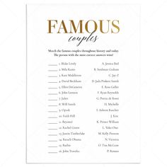 Gold Celebrity Couples Match Game with Answers Printable by LittleSizzle Couple Trivia Questions, Wedding Anniversary Words, Wedding Anniversary Party Games, Couples Trivia, Who Knows The Couple Best, Anniversary Party Games, 25th Wedding Anniversary Party, Anniversary Games, 40th Anniversary Party