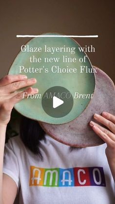 a woman covering her face with a green plate over her head and text that reads glaze layering with the new line of potter's choice flix from amico