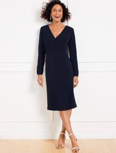 Our oh-so-feminine sheath dress. Lightweight fabric is perfect for work and travel. Simply elegant in an ever-flattering silhouette. Features Sheath Dress Long Sleeve Hidden back zip closure Hits At Knee Lined Imported Fit: Misses: 42 3/4"; Petite: 40 1/4"; Plus: 45"; Plus Petite: 38 1/2" Material: 69% Triacetate, 31% Polyester; Lining: 100% Polyester Care: Machine Wash Cold; Only Non-Chlorine Bleach When Needed; Tumble Dry Low; Cool Iron, If Needed | Easy Travel Long Sleeve Dress Talbots Winter Sheath Dress, A Line Dress Casual Classy, Women Over 60 Fashion Classy, Dresses For Women Over 60, Over 60 Fashion Classy, Sheath Dress Work, Petite Fashion Over 50, Sheath Dresses Work, Petite Clothing Stores