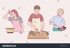 three people in aprons preparing food on a cutting board, one man and the other woman