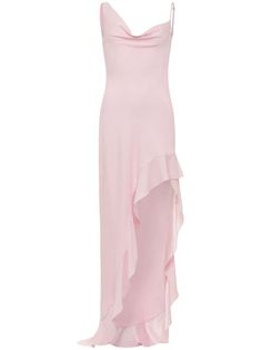 powder pink silk charmeuse cowl neck sleeveless side slit asymmetric hem floor-length Charmeuse Gown, Gown Pink, Pink Silk Dress, Ruffle Gown, High Low Skirt, Ruffled Skirt, Floor Length Gown, Cowl Neckline, Silk Charmeuse