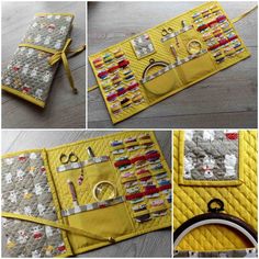 several pictures of various sewing projects on a yellow quilted mat with scissors and thread