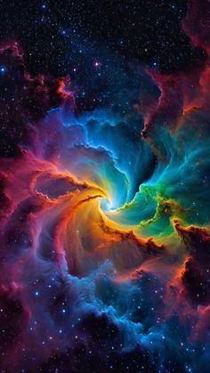 an image of the inside of a colorful spiral shaped object in space with stars around it