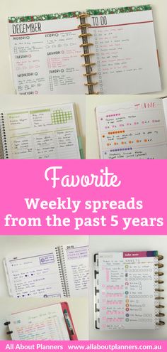 a planner with the words favorite weekly spreads from the past years in pink and white