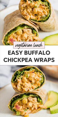 an easy buffalo chicken wrap is cut in half and stacked with avocado