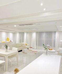 a white living room filled with furniture next to a kitchen and dining table in front of a window