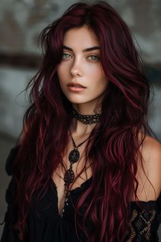 81+ Long Wavy Hairstyle Ideas Dark Red Top Outfit, Pretty Haircuts For Long Hair, Burgundy Long Hair, Dark Red And Black Hair, Long Dark Red Hair, Wavy Red Hair, Dark Red Hair, Burgundy Hair, Hair 2024