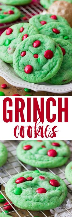 green cookies with red and green sprinkles are on a cooling rack